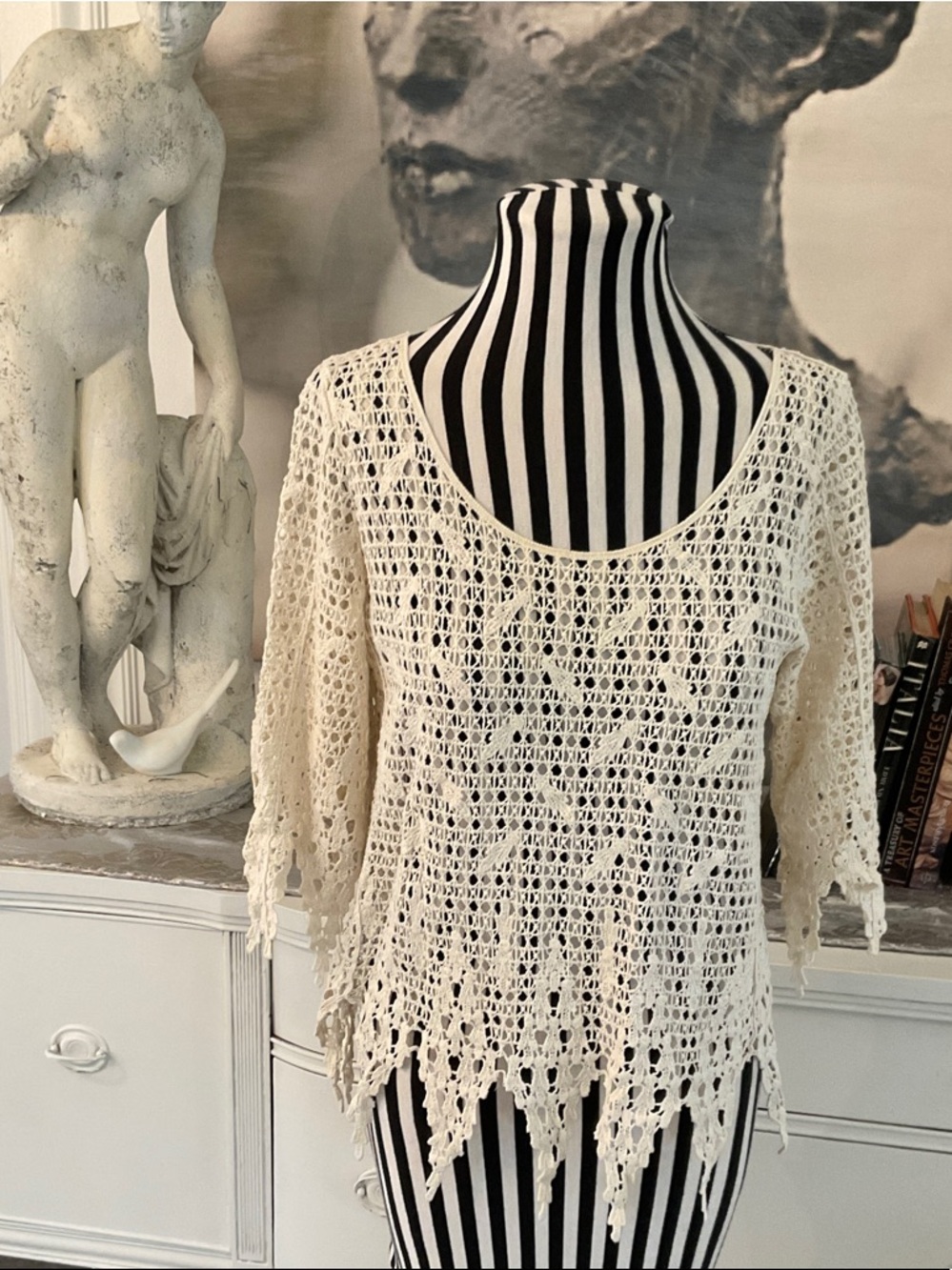 Story of Lola Open-Knit Cream Crochet Tunic Top, Medium